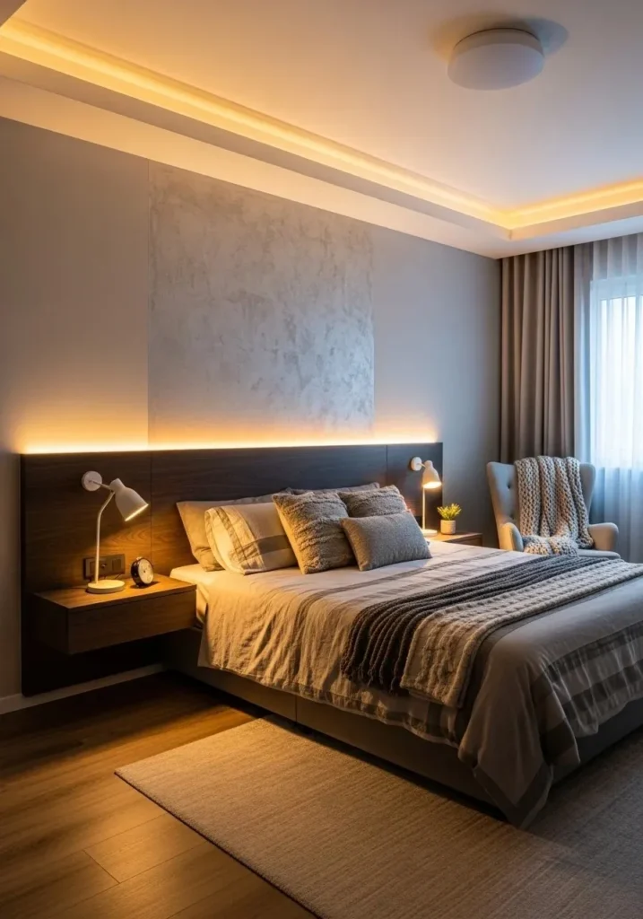 cozy master bedroom with layered lighting and warm lamps