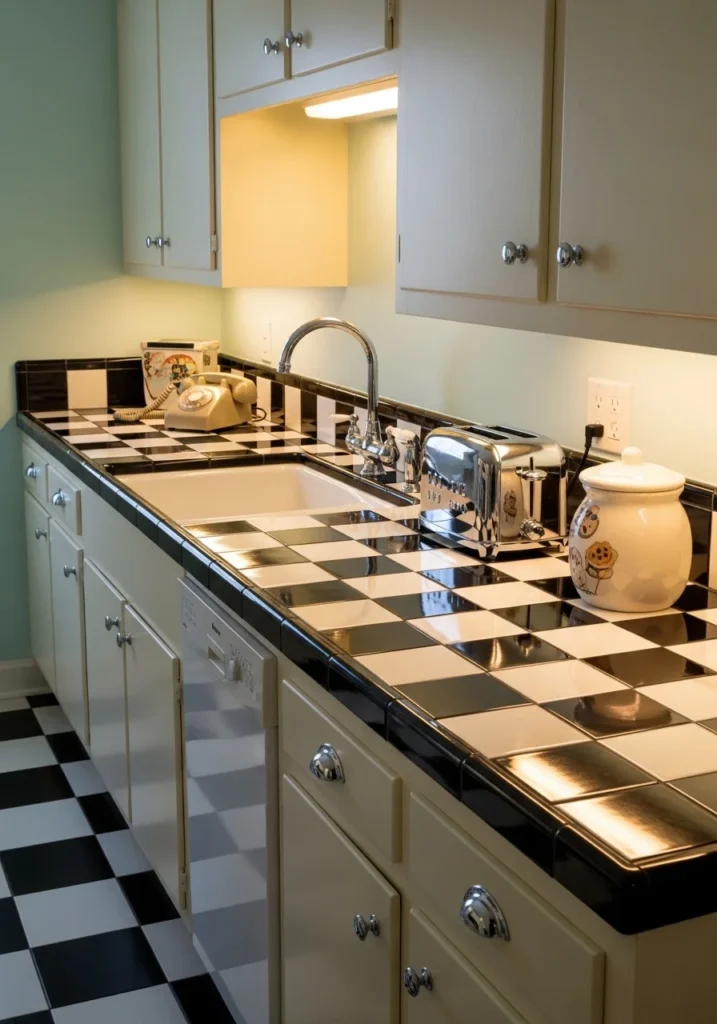 checkerboard black and white kitchen countertop