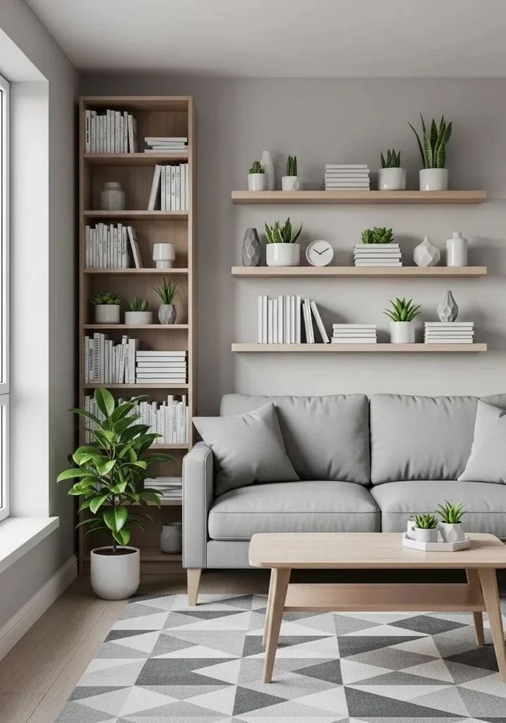 Small living room with floating shelves and tall vertical storage.