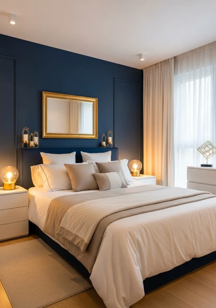 Coastal bedroom with blue and white color palette, striped pillows, white bed linens, rattan decor, woven baskets, light and breezy atmosphere