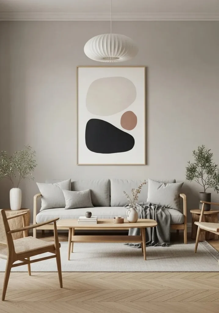 Japandi living room with simple and clean wall decor