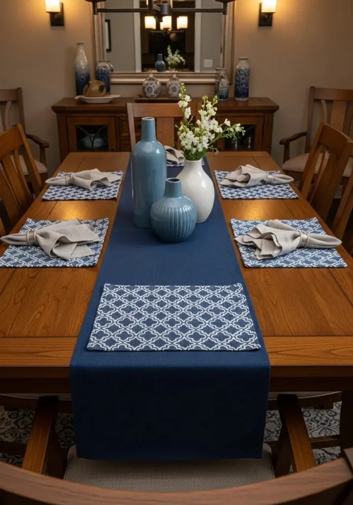 Blue table linens and accessories on wooden dining table in dining room.