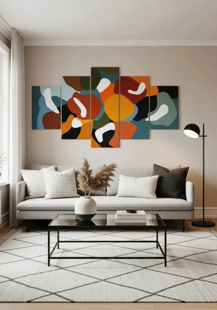 Large artwork accent wall in living room creating a bold focal point