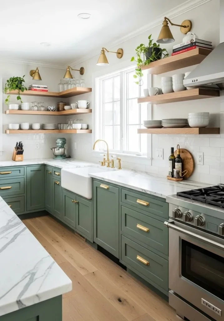 Kitchen with green cabinets paired with gold hardware, marble countertops, and warm wood accents.