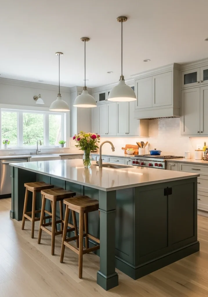 Kitchen featuring dark green island, neutral cabinets, wooden bar stools, and warm lighting.