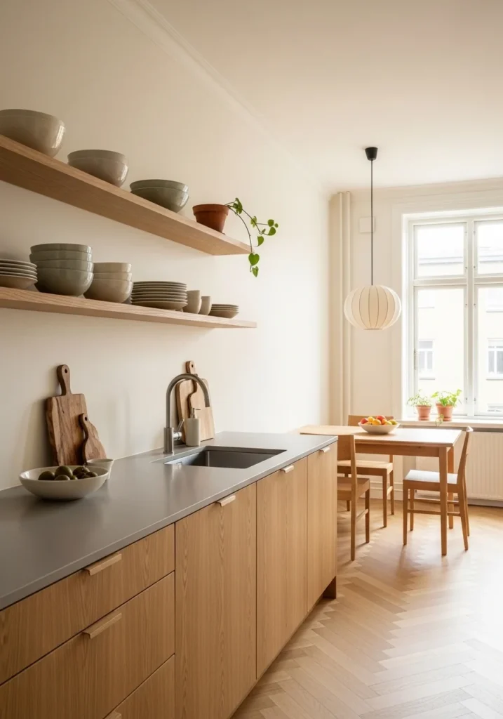 Minimalist open shelving in a Japandi kitchen with curated neutral decor.