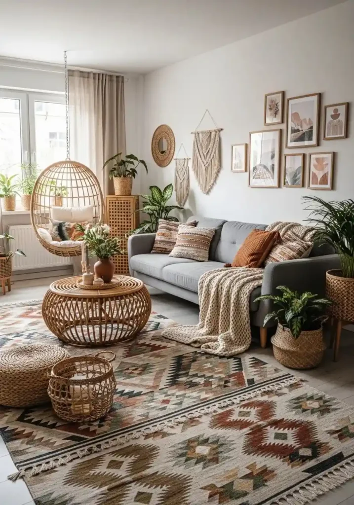 Grey couch with boho decor including rattan and woven textures in cozy living room
