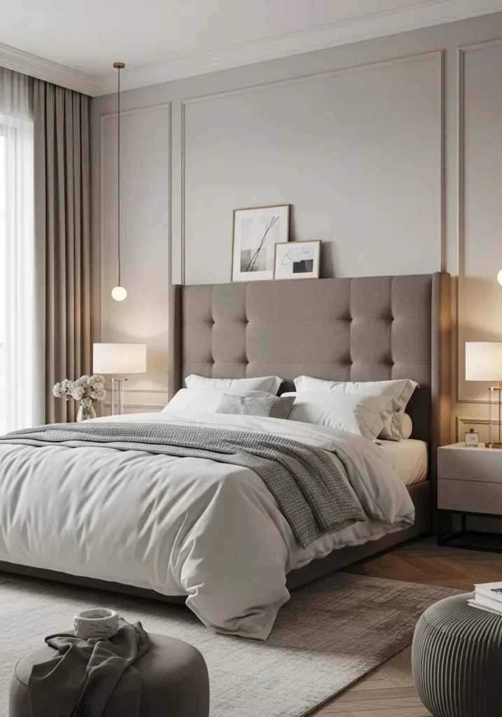 Taupe upholstered headboard bedroom with soft lighting and elegant neutral decor