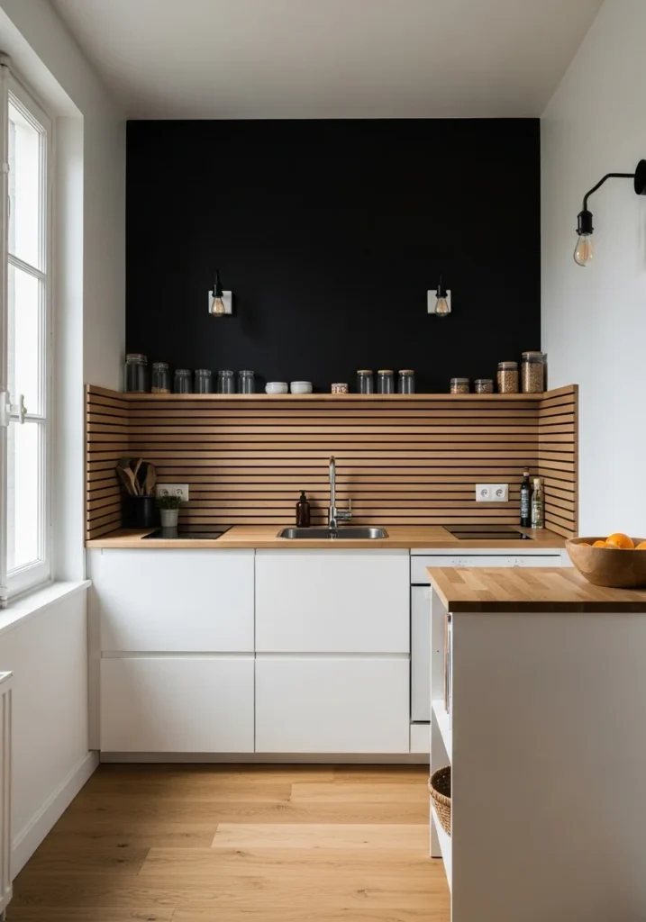 small kitchen black wall wood slats space saving design