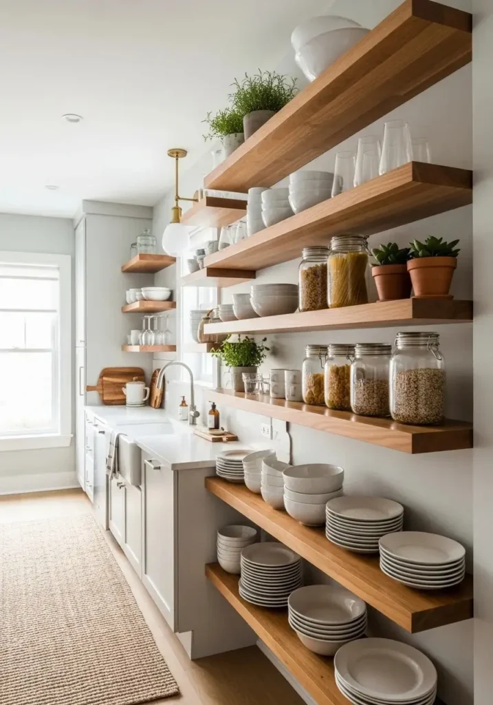 Galley kitchen with open wooden shelves displaying dishware and décor, keeping the space airy and stylish