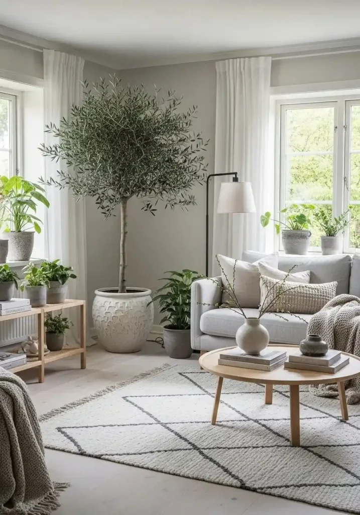 Green plants in Scandinavian living room decor