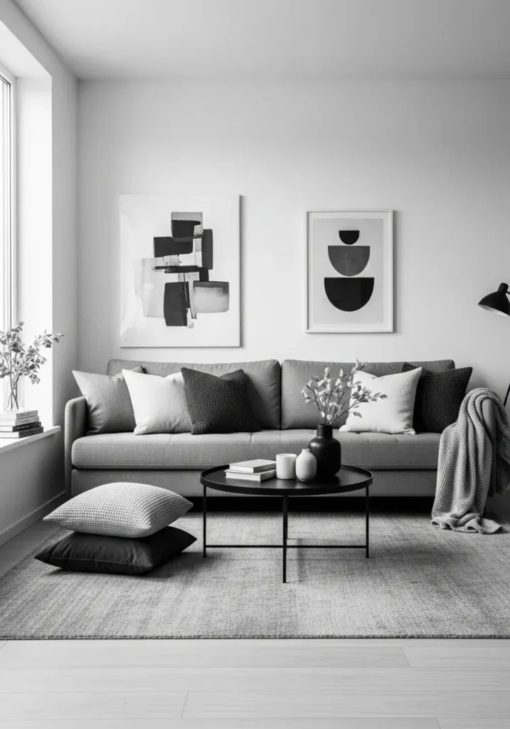 Grey couch styled in monochrome black white and grey modern living room