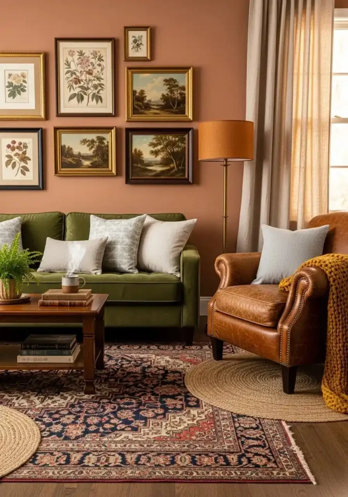 Mixed upholstery textures in a vintage living room design