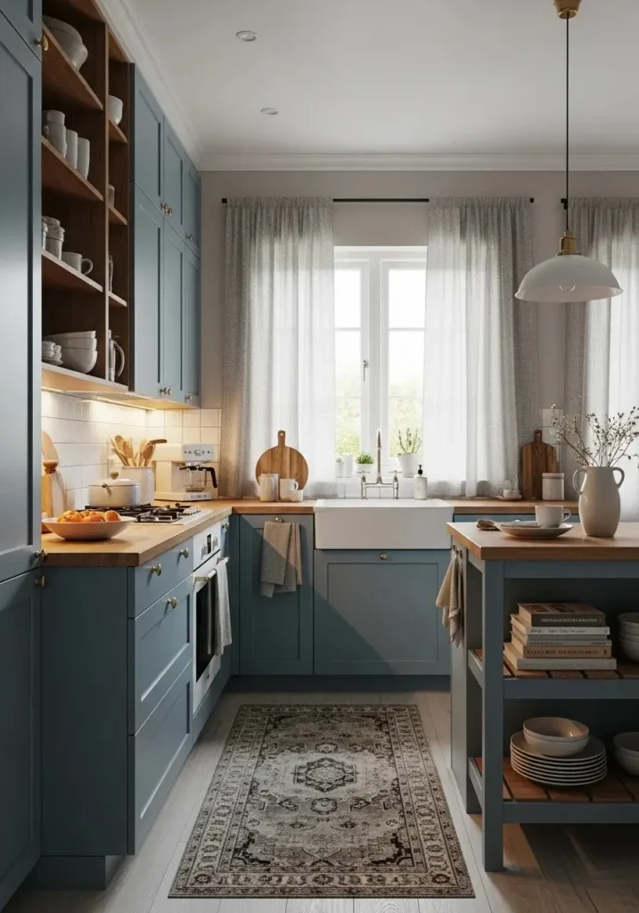 dusty blue kitchen cabinets with warm wood accents creating a cozy and soft kitchen space