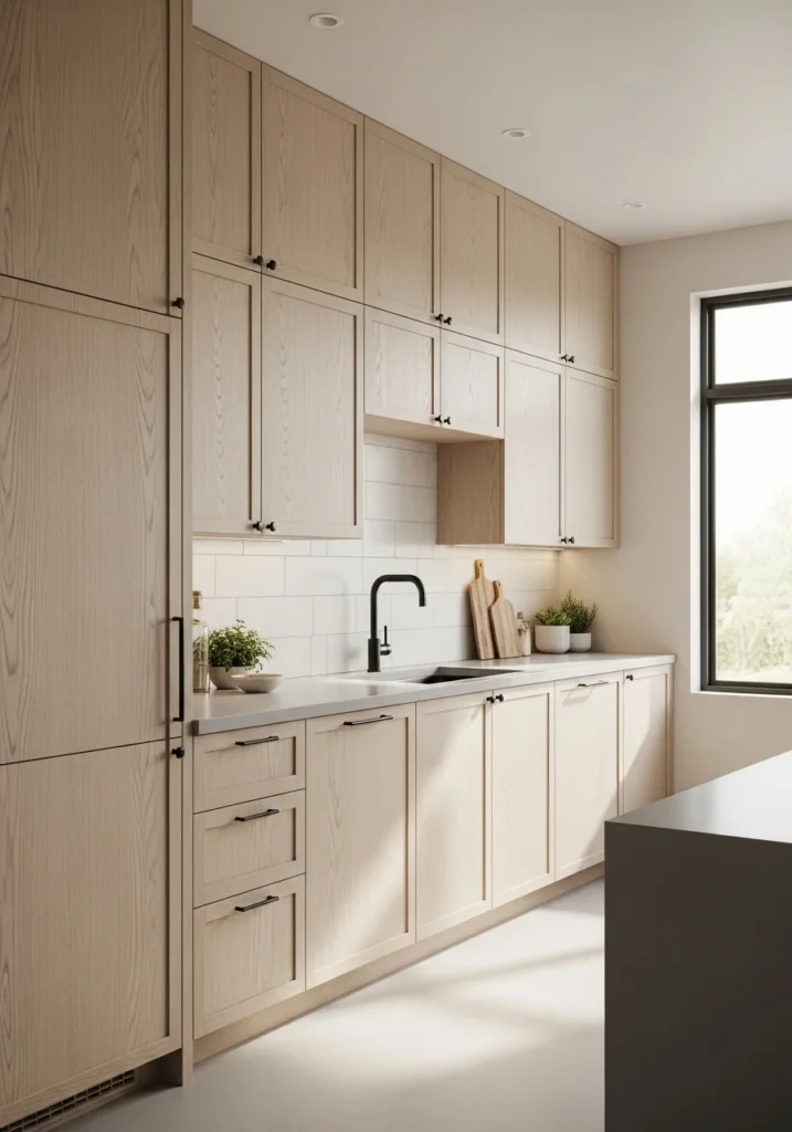 Matte black hardware on white oak kitchen cabinets for a modern contrast look