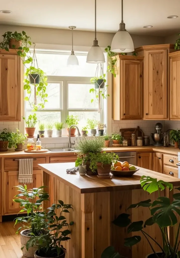 Hickory kitchen cabinets with greenery adding freshness and natural charm