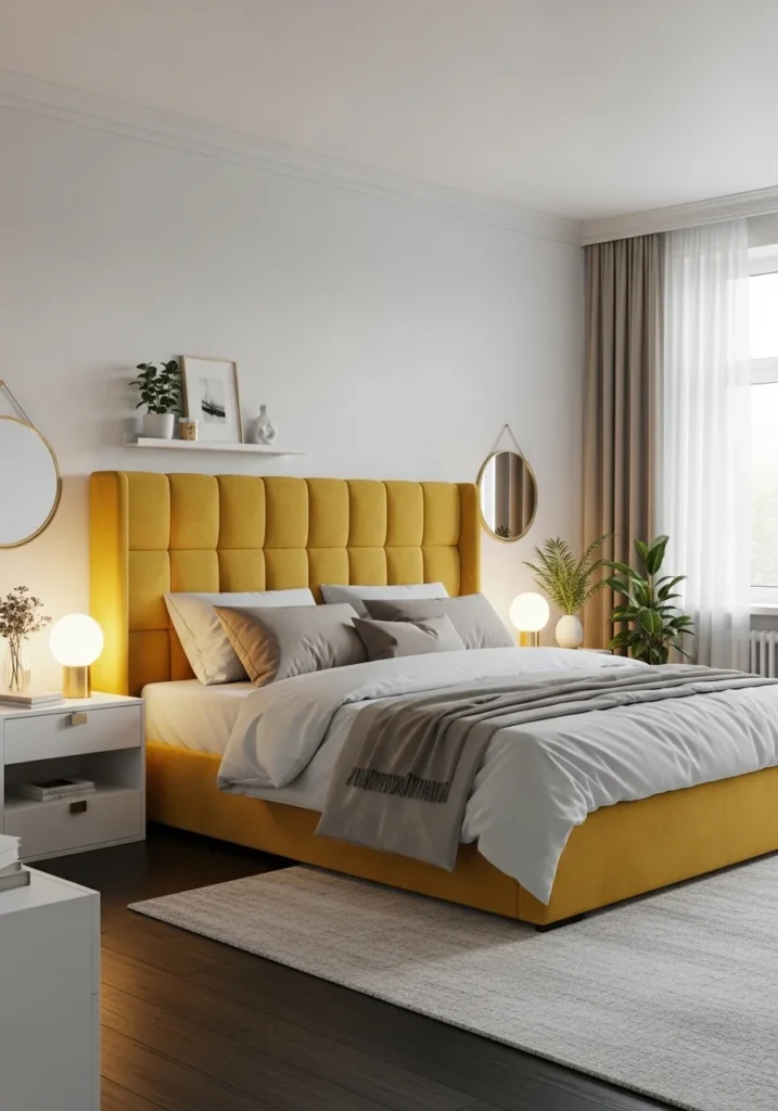 Yellow upholstered headboard creating a bold yet elegant bedroom focal point.