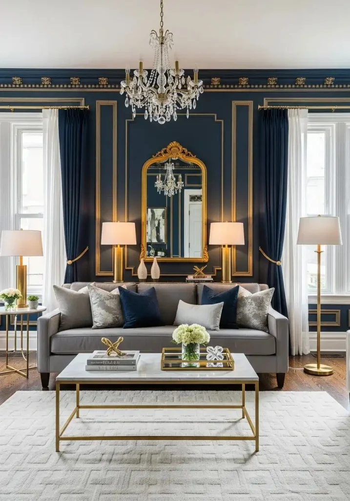 Sophisticated living room with navy blue walls and gold accents.