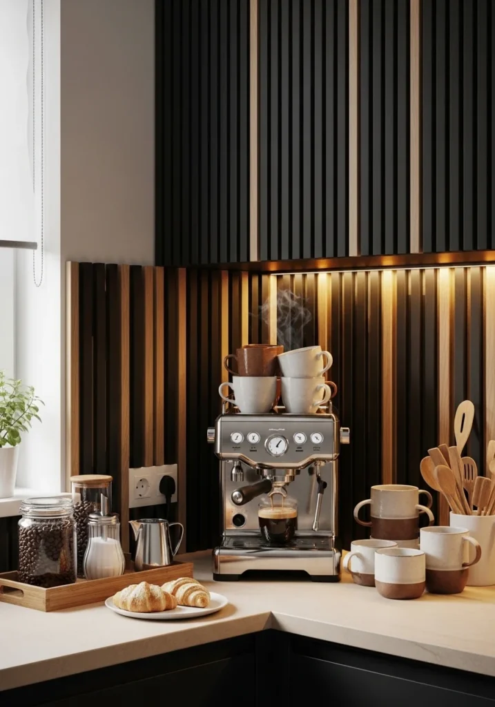coffee station black wall wood slats cozy kitchen corner