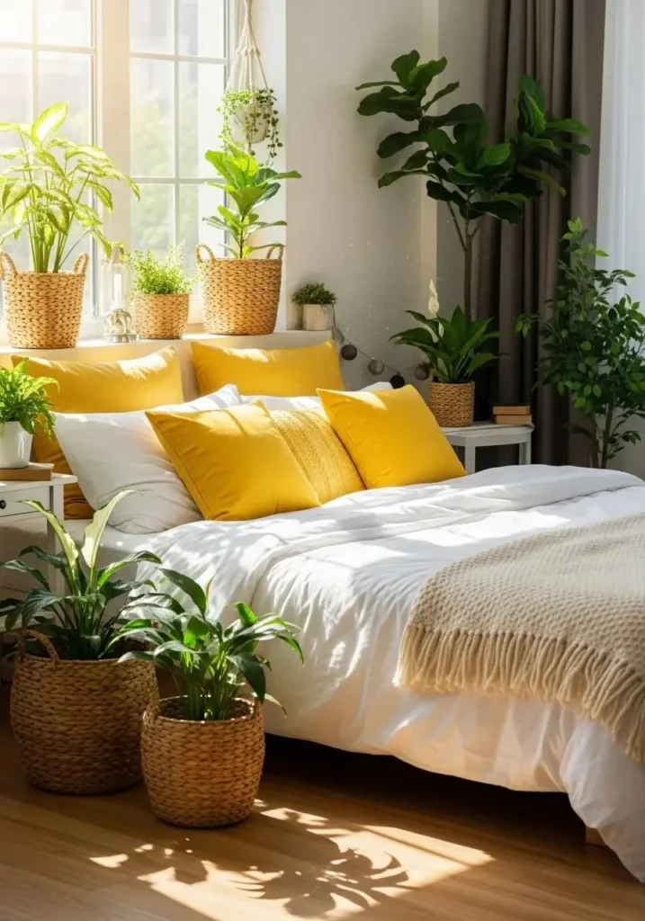 Green plants paired with yellow accents creating a fresh and natural bedroom vibe.