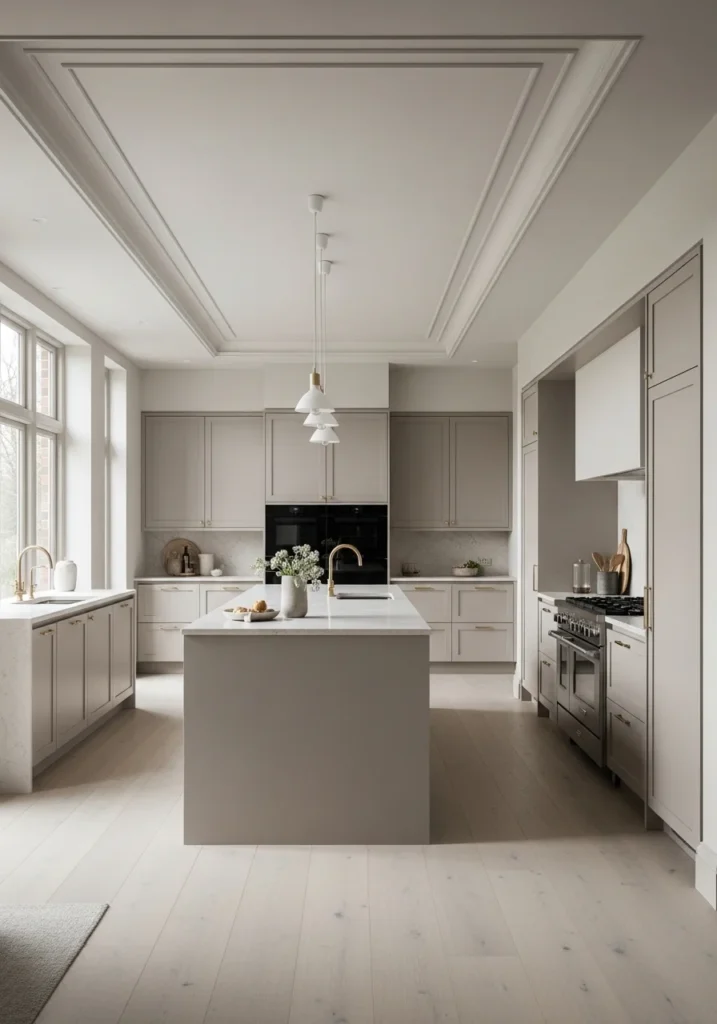 paneled kitchen ceiling adding subtle texture and structured elegance