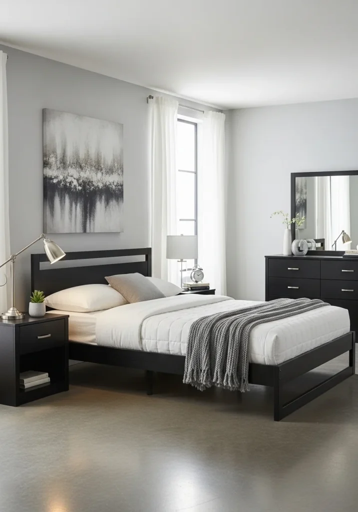 Black furniture with silver hardware for a sleek and elegant bedroom look