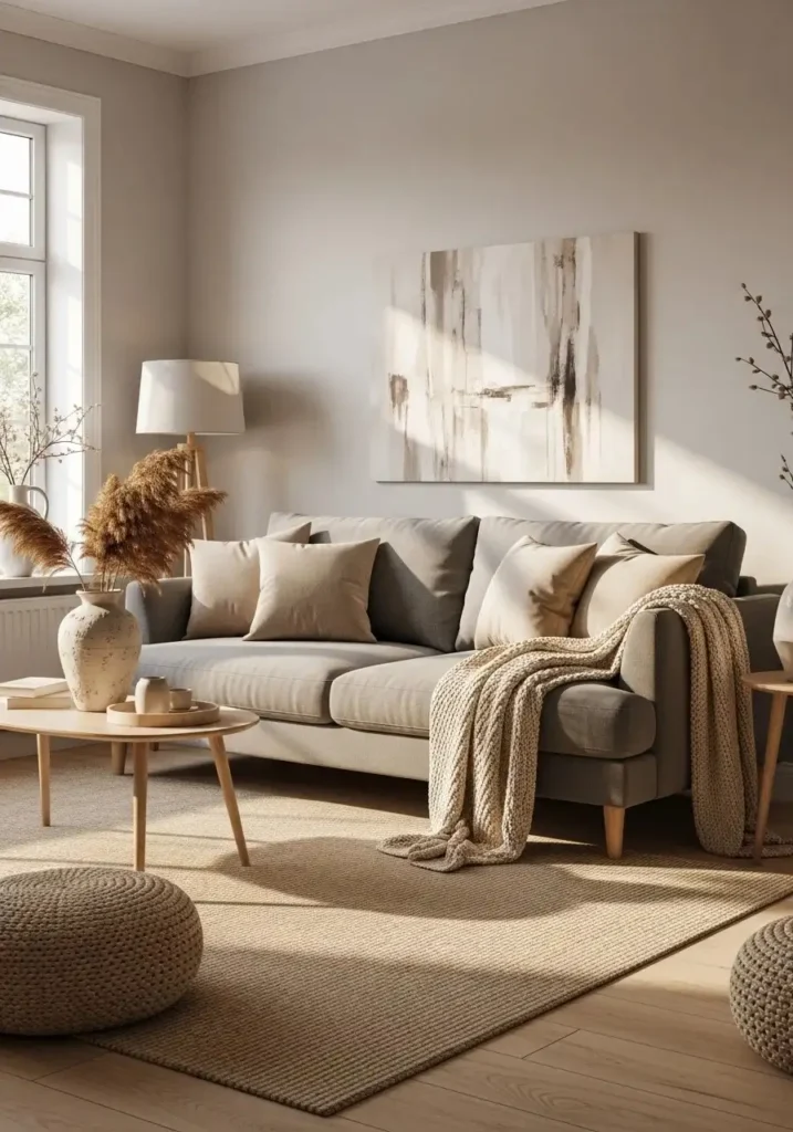 Grey couch styled with beige cushions, cream throw blanket, and warm cozy neutral tones
