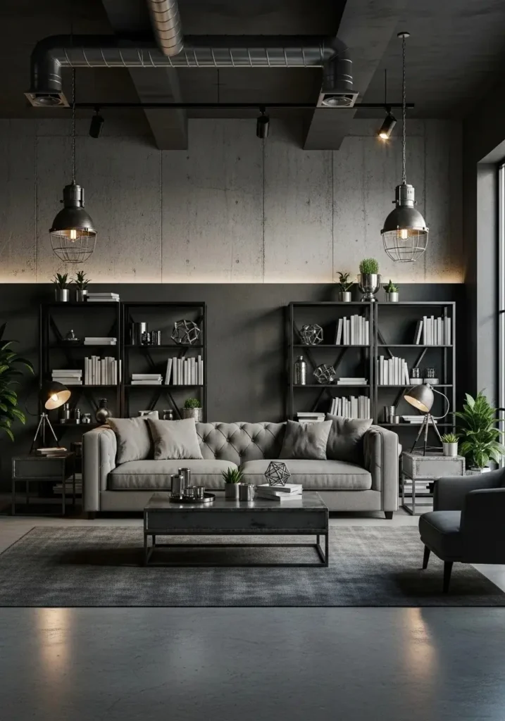 Industrial grey couch living room with metal accents and modern loft design