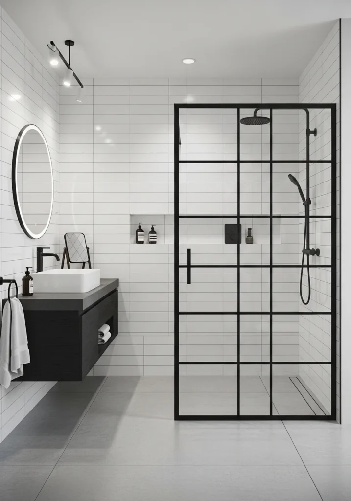 Black framed glass shower with modern grid design