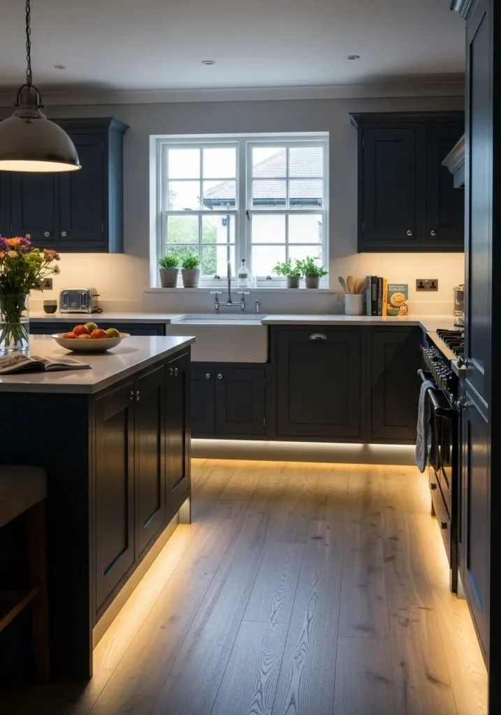 dark blue kitchen cabinets with warm wood floors creating a rich and inviting kitchen