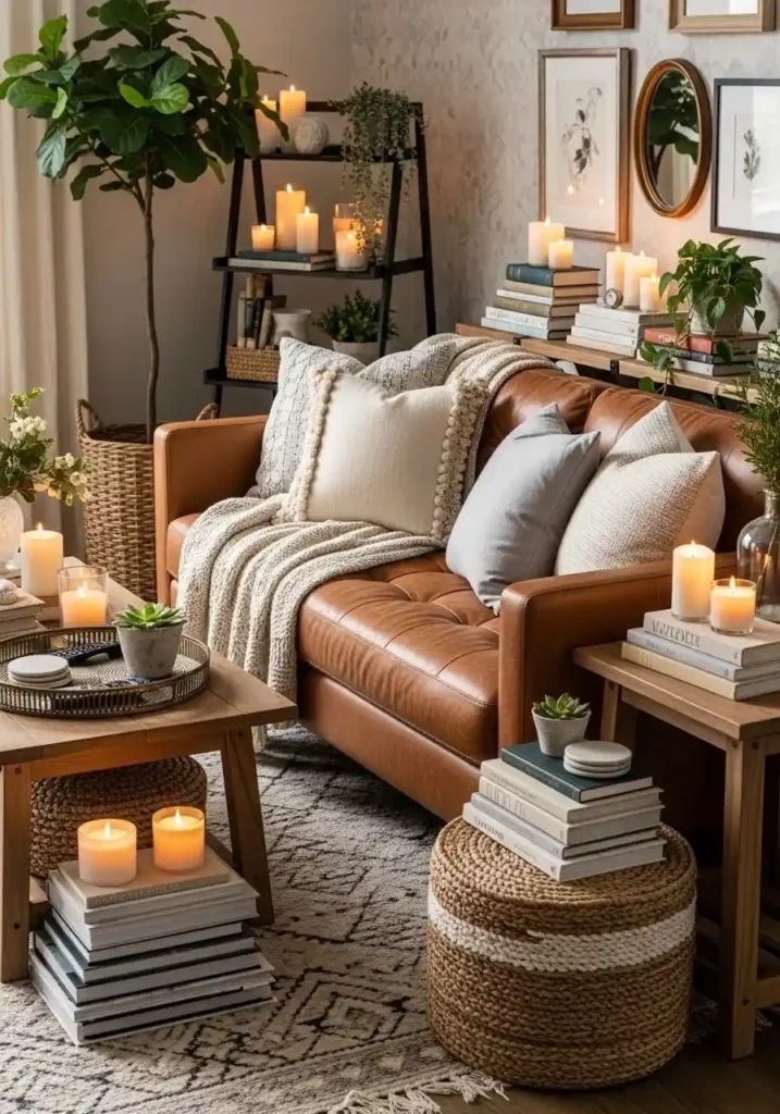 green leather couch with soft curtains bright cozy living room