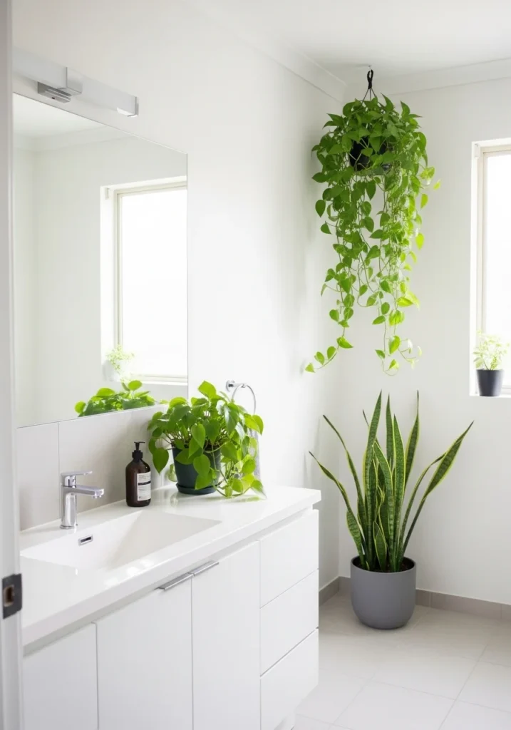 white bathroom with greenery adding freshness and natural contrast