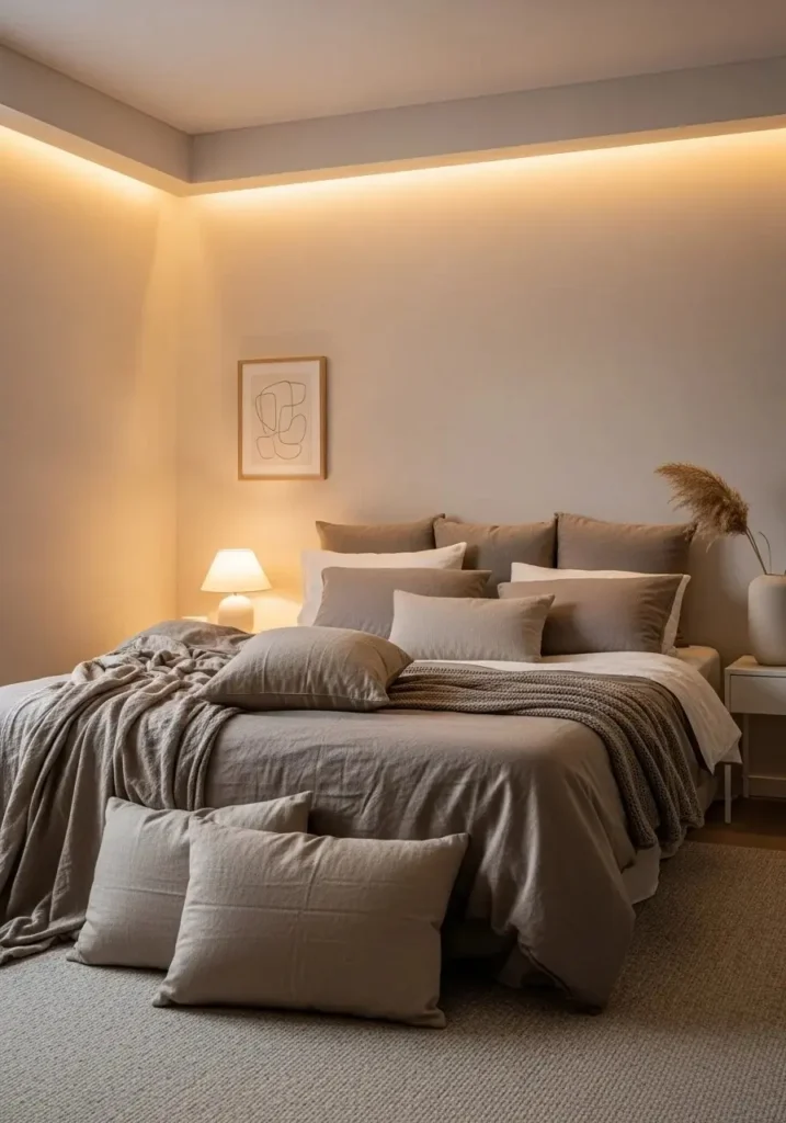 Layered taupe and beige bedroom creating a soft and calming neutral palette