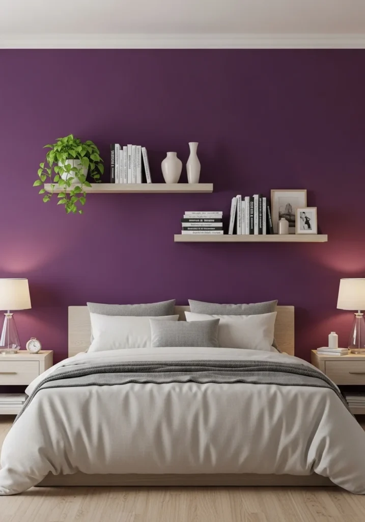 Purple accent wall with floating shelves showcasing d&eacute;cor and books, adding depth and personality
