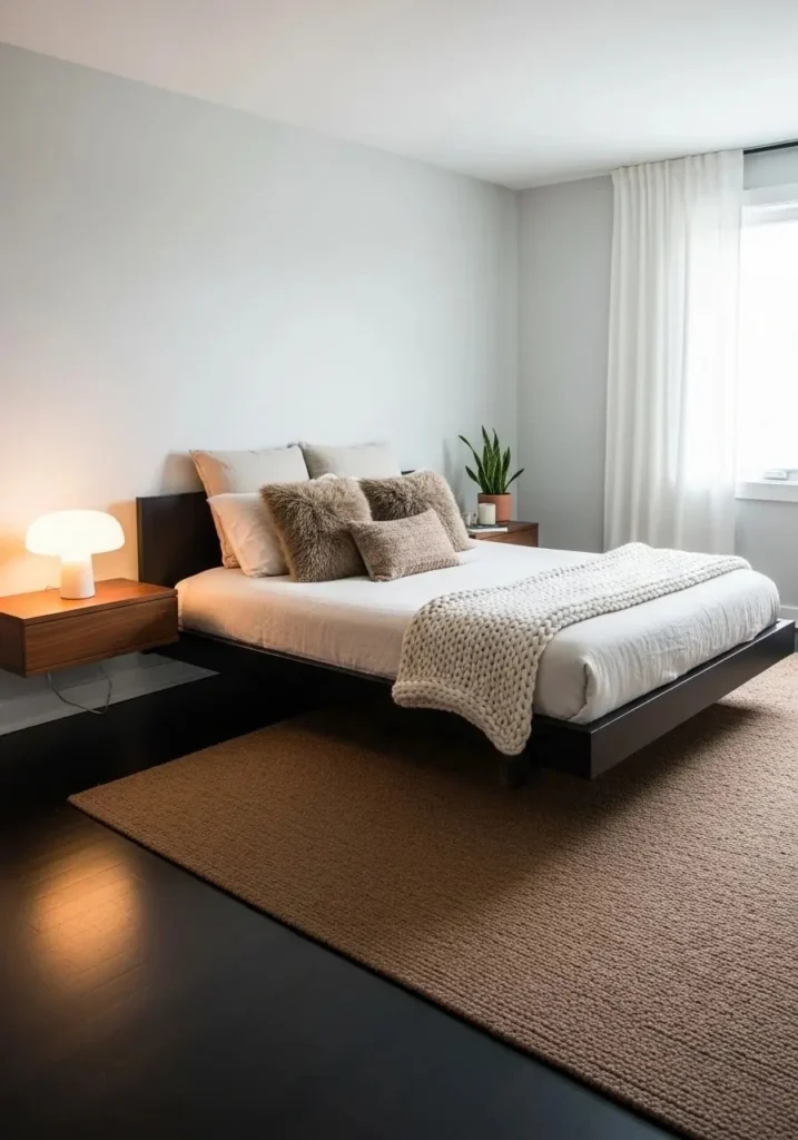 Brown rug on black flooring adding warmth and comfort to bedroom