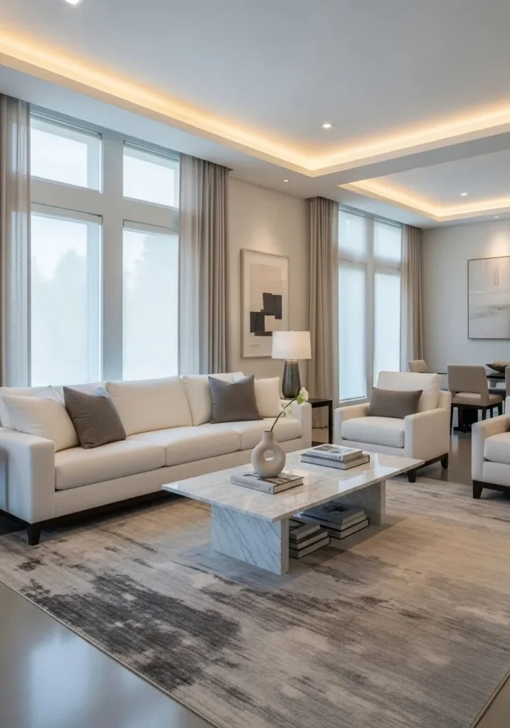 White couch living room with statement coffee table and modern minimal decor