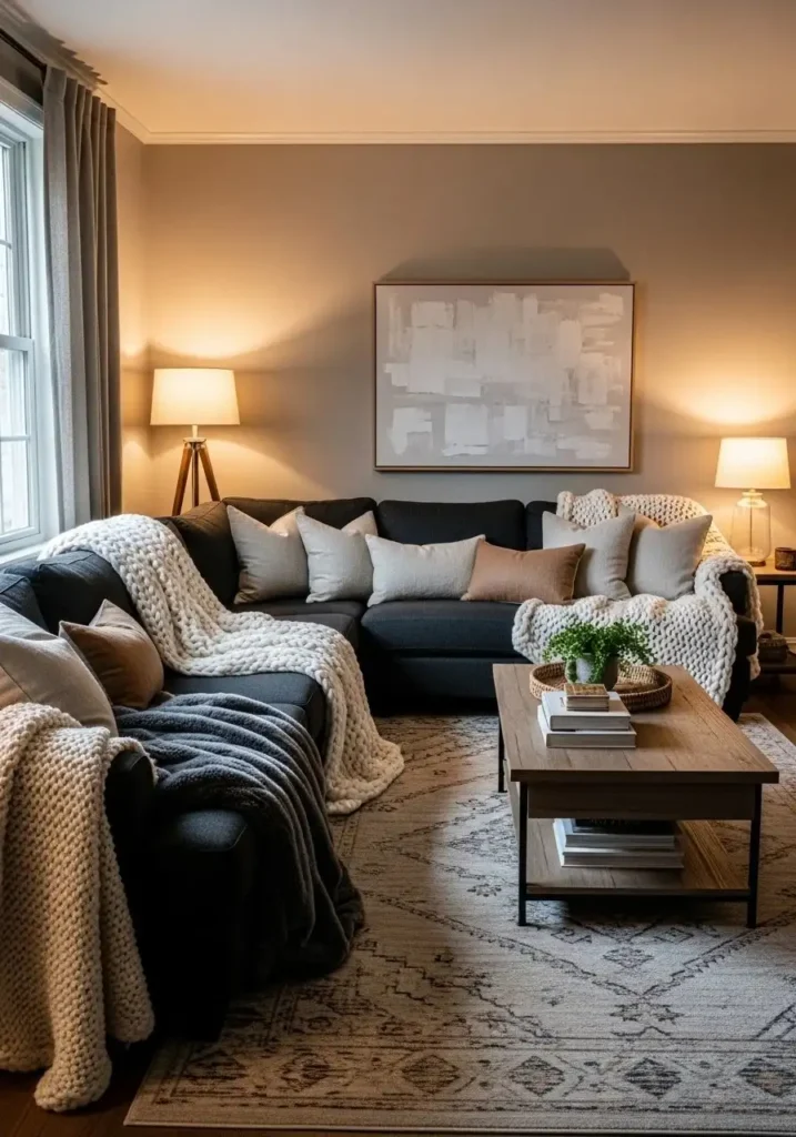 Black couch with layered textures including knit blankets and soft pillows for a cozy feel