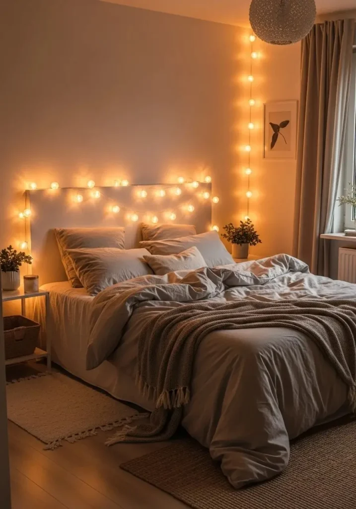 Bedroom decorated with warm string lights creating a soft and dreamy glow.