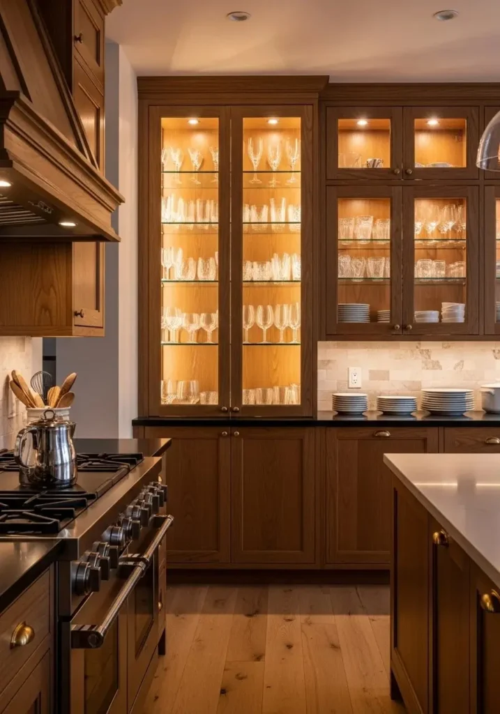 Kitchen showing wood cabinets with glass-front doors and interior lighting, highlighting curated dishes and glassware.