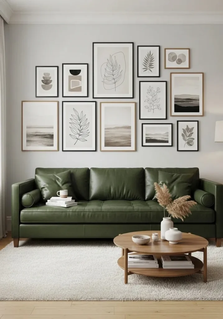 green leather couch with gallery wall stylish modern living room