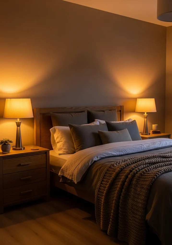 Taupe bedroom with warm lighting creating a cozy and relaxing evening mood