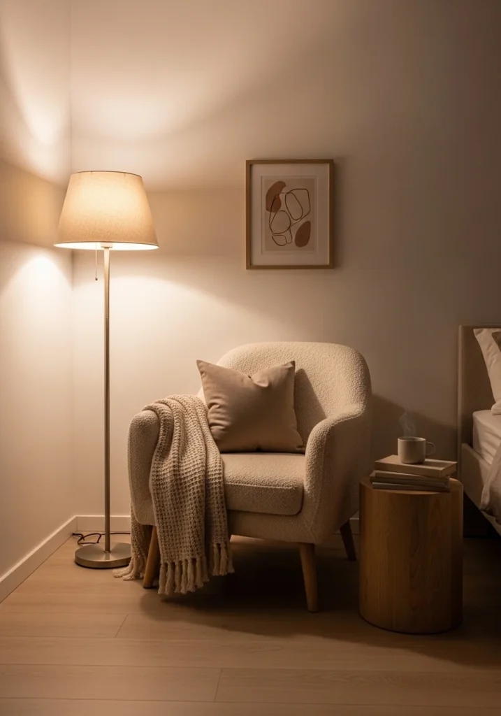 Cozy bedroom corner with a floor lamp and warm lighting for relaxation.