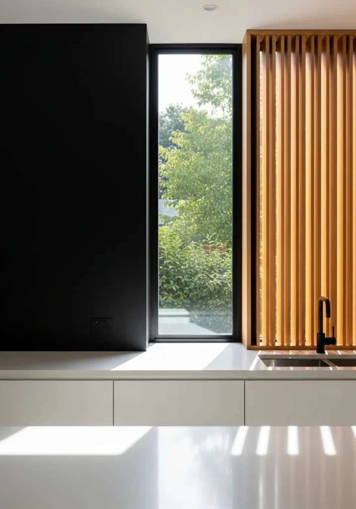 kitchen window black wall wood slats modern frame design