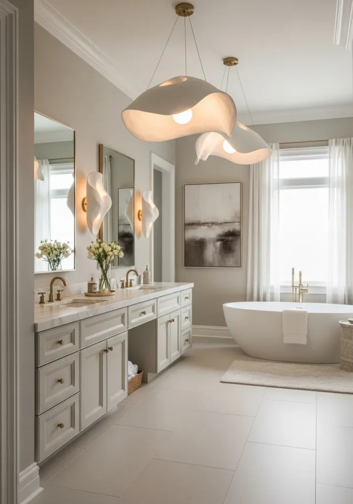 primary bathroom ideas statement lighting elegant modern