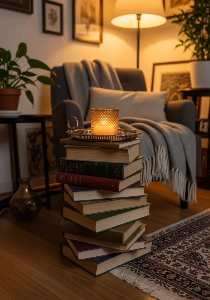 Stacked books styled as a creative side table in living room.