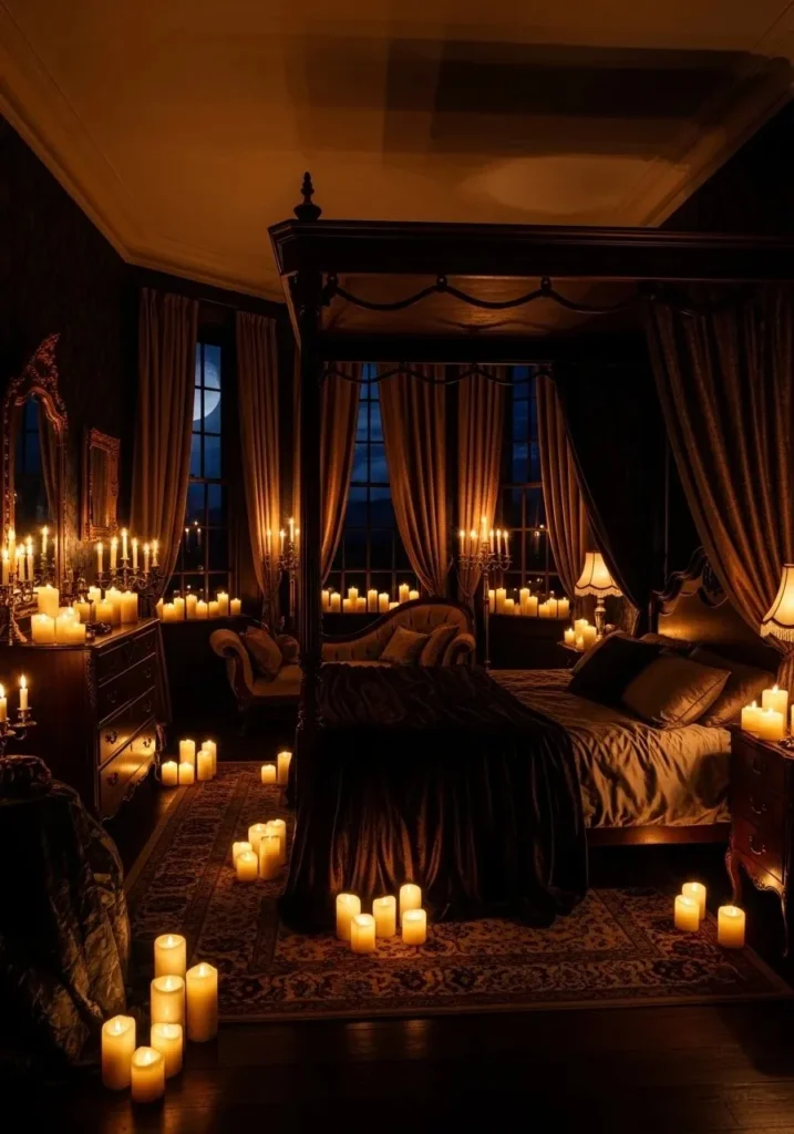Candle-lit vampire bedroom with warm flickering light and dramatic shadows.