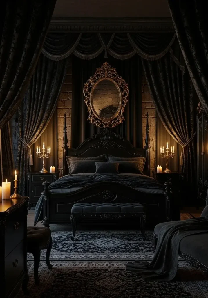 Gothic bedroom with black and gold accents creating a regal vampire mood.