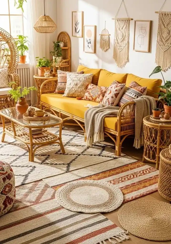 Boho yellow couch living room with woven textures, rattan decor, and cozy layered styling