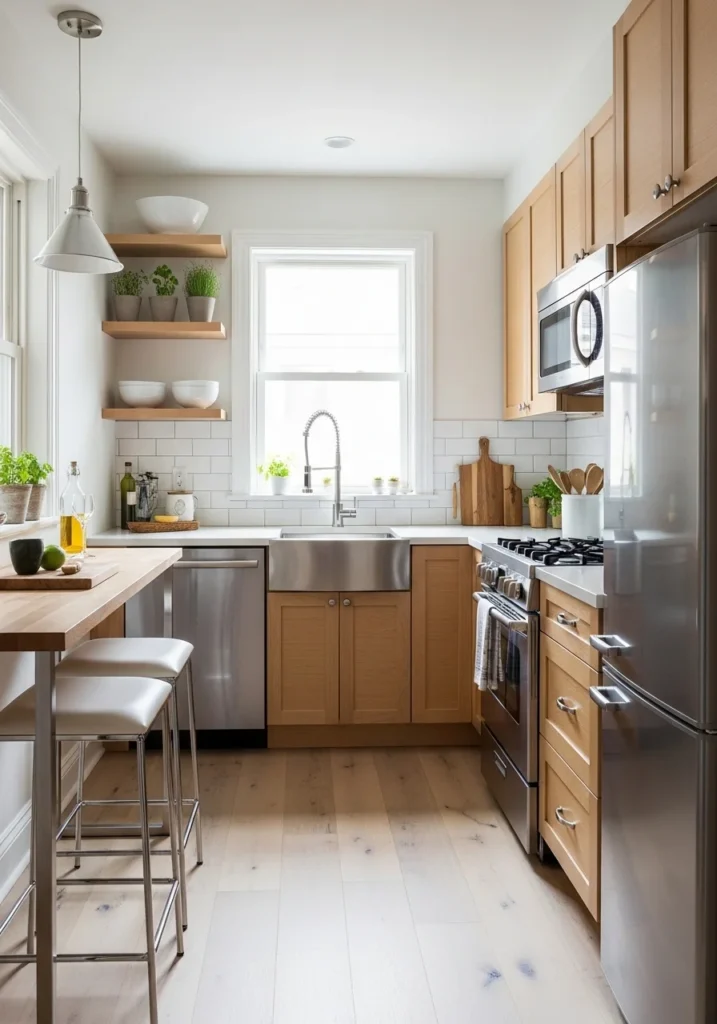 Galley kitchen with a slim breakfast bar and stools, maximizing space without crowding.