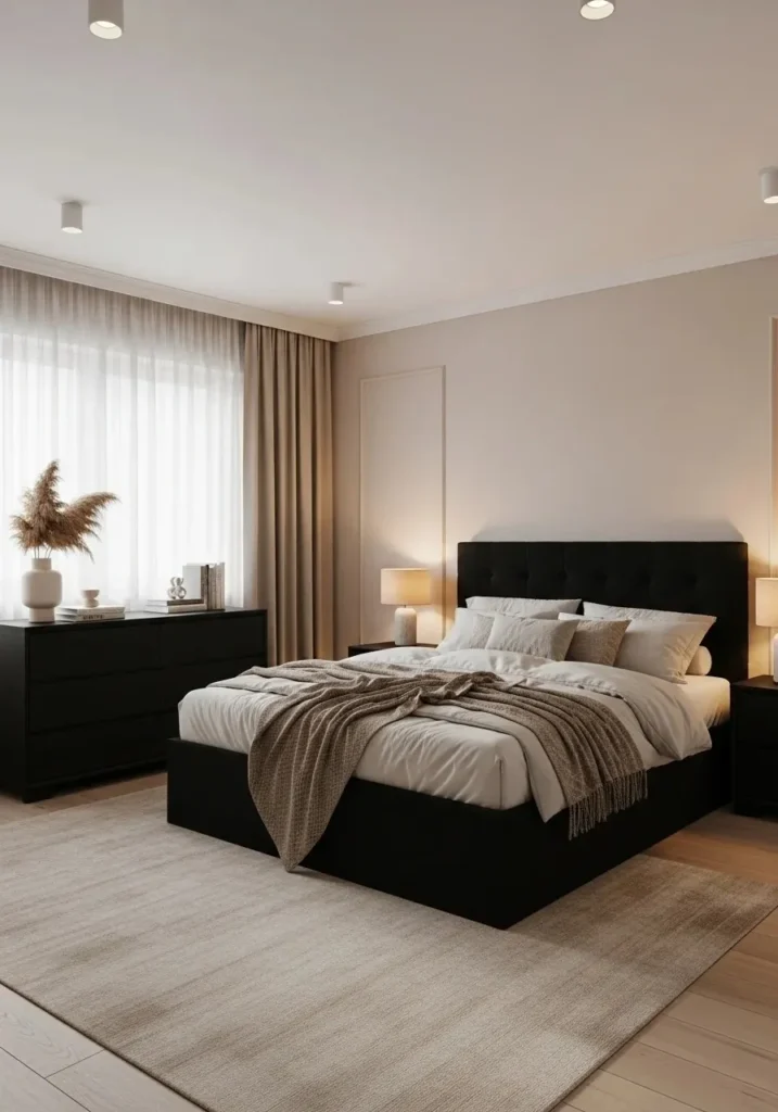 black furniture with neutral walls cozy bedroom design ideas